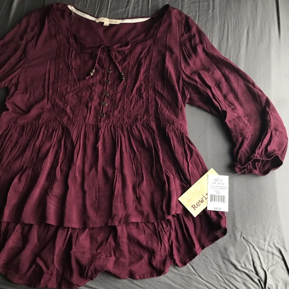 Rewind Tops - Rewind Burgundy 3/4 sleeve Blouse